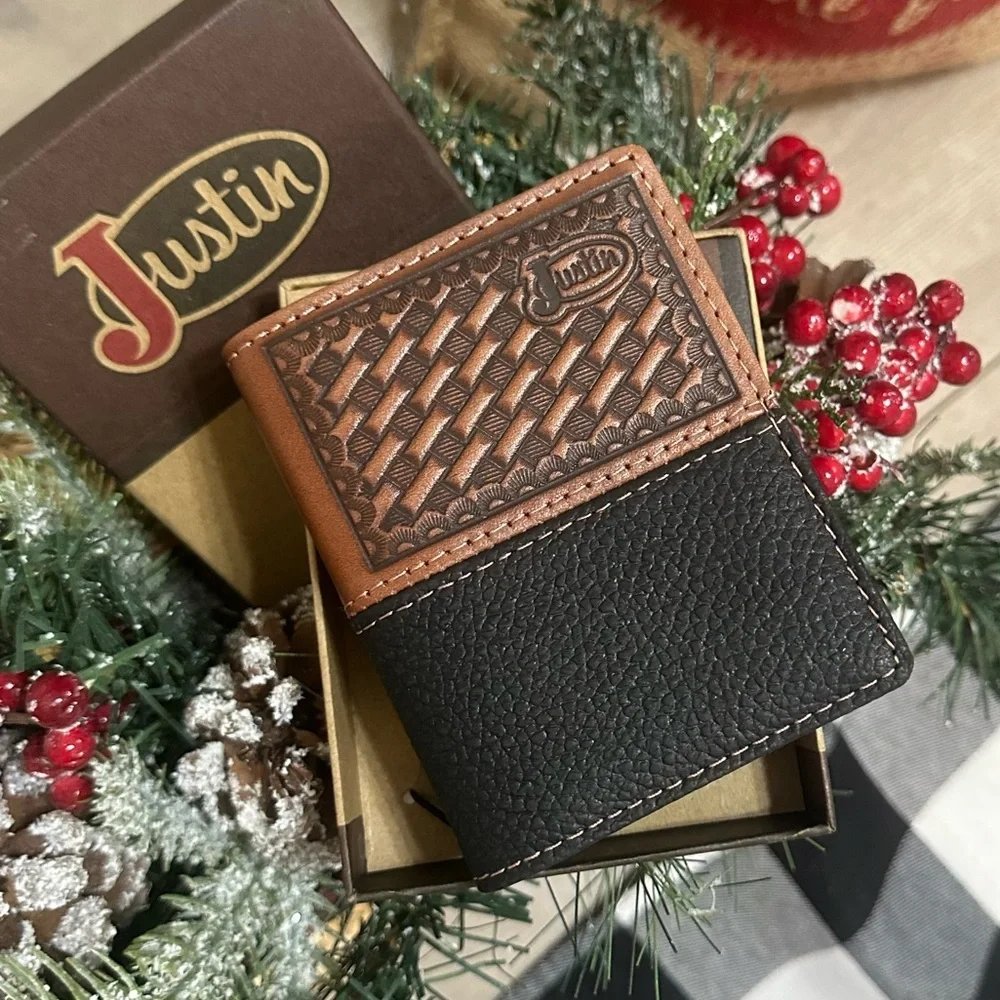 New Justin Boots Mens Leather Wallet Bi Fold Basketweave Card Wallet Brown Black